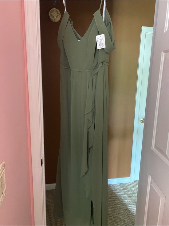 David\'s Bridal Olive Green Spaghetti-Strap Maxi Dress with Waist Sash